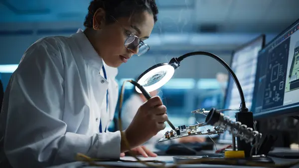 Modern Electronics Facility: Beautiful Black Female Scientist, Engineer Does Printed Curcuit Motherboard Soldering. Does Design, Development of Industrial PCB, Silicon Microchips, Semiconductors