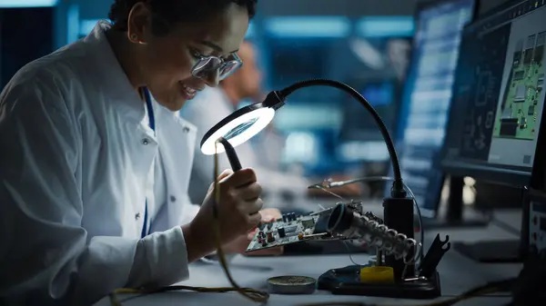 Modern Elektronik Araştırma Geliştirme Tesisi Güzel Kara Kadın Mühendis Bilgisayar — Stok fotoğraf