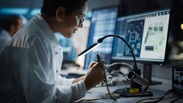 Modern Electronics Research Development Facility Mooie Zwarte Vrouwelijke Ingenieur Doet — Stockfoto