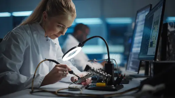 Modern Elektronik Araştırma Geliştirme Tesisi Güzel Kafkas Kadın Mühendis Bilgisayar — Stok fotoğraf