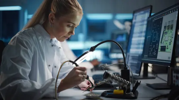 Modern Electronics Research Development Facility Mooie Blanke Vrouwelijke Ingenieur Doet — Stockfoto
