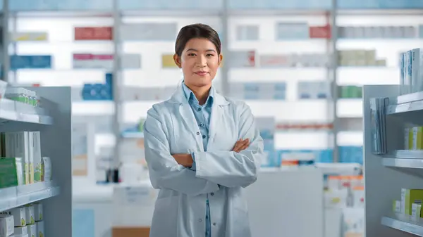 Pharmacy Drugstore Portrait Beautiful Asian Pharmacist Wearing White Coat Standing — Stock Photo, Image