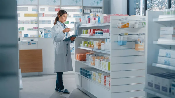 Pharmacy Drugstore Beautiful Asian Pharmacist Uses Digital Tablet Computer Checks — Stock Photo, Image