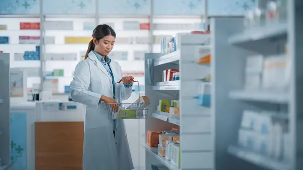 Apotek Apotek Vackra Asiatiska Apotekare Har Inventering Ordnar Medicin Förpackningar — Stockfoto