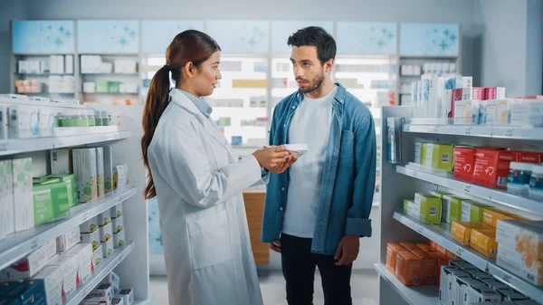 Pharmacy Drugstore Latin Man Chooses Buy Medicine Supplements Professional Asian — Stock Photo, Image