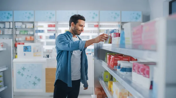 Pharmacy Drugstore Portrait Handsome Latin Man Choosing Buy Medicine Browsing — Stok Foto