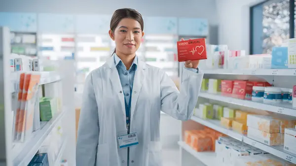 Farmacia Droguería Retrato Profesional Asiática Farmacéutica Holding Mostrando Caja Píldoras —  Fotos de Stock