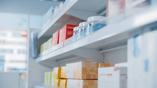 Modern Gyógyszertár Tele Polcokkal Modern Gyógyszerekkel Gyógyszerekkel Vitaminokkal Kiegészítőkkel Teli — Stock Fotó