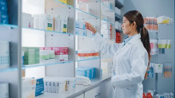 Apotheke Porträt Der Schönen Asiatischen Apothekerin Weißen Kittel Arrangiert Medikamentenverpackungen — Stockfoto