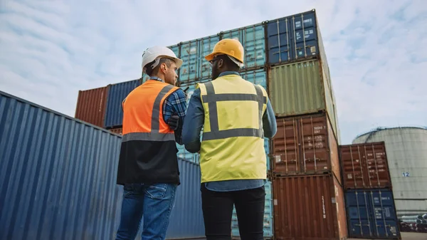 Handsome Industrial Engineer and African American Supervisor in Hard Hats and Safety Vests Standing with Their Backs to the Camera in Container Terminal. Colleagues Talk About Logistics Operations.