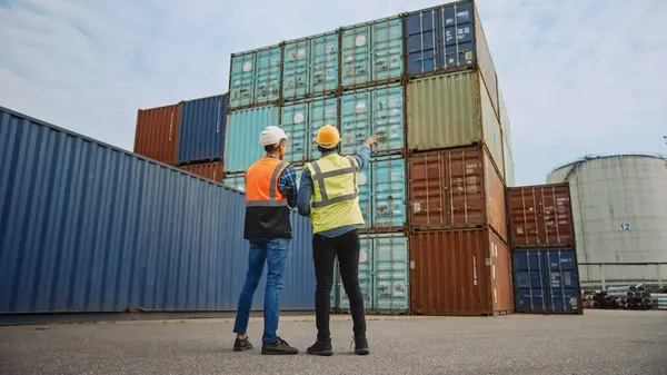 Handsome Industrial Engineer and African American Supervisor in Hard Hats and Safety Vests Standing with Their Backs to the Camera in Container Terminal. Colleagues Talk About Logistics Operations.