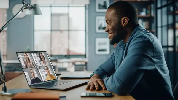Handsome African American Man Having Video Call Laptop Computer While — Stock Photo, Image