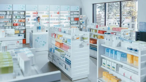 Modern Gyógyszertár Tele Polcokkal Tele Modern Gyógyszerekkel Gyógyszerekkel Vitamindobozokkal Kiegészítőkkel — Stock Fotó