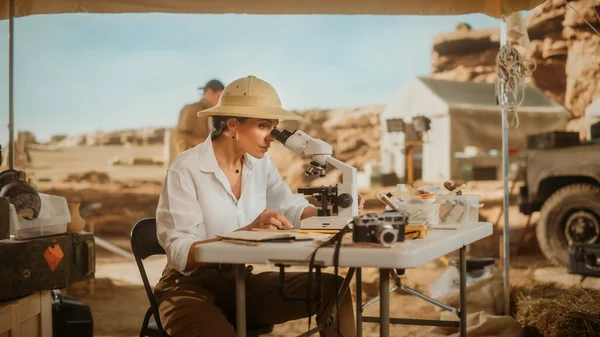 Sítio Escavação Arqueológica Grande Arqueóloga Feminina Que Faz Pesquisa Cultural — Fotografia de Stock