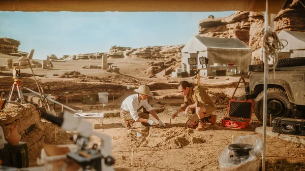 Site Escavação Arqueológica Dois Grandes Arqueólogos Trabalham Local Escavação Cuidadosamente — Fotografia de Stock