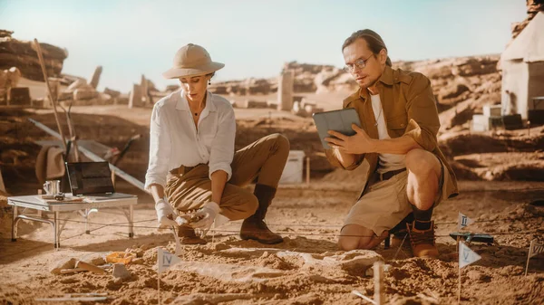 Sítio Escavação Arqueológica Dois Grandes Paleontólogos Usam Tablet Computer Para — Fotografia de Stock
