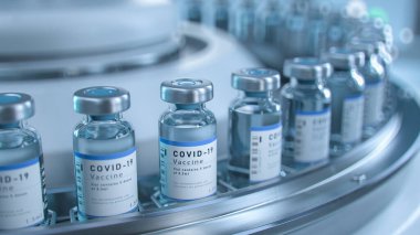 SARS-COV-2 COVID-19 Coronavirus Aşı Toplu Üretimi Laboratuvarda, Markalı Etiketli Şişeler İlaç Taşıyıcı Kayışı Araştırma Laboratuvarında. SARS-CoV-2 'ye karşı ilaç.