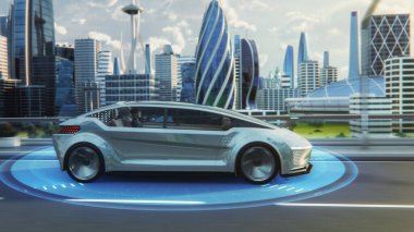 Gelecekçi kavram: Sıfır Emisyonlu Otomatik Sıfır Emisyonlu Elektrikli Otomobilin Arka Koltuğunda Dönen Japon İşadamı. Geleceğin Şehri 'nde Karayolu' nda ilerliyor..