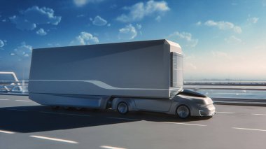 Fütürist Teknoloji Konsepti: Kargo Karavanı Tarama Sensörlü Otomatik Sürücü Kamyonu. 3D Sıfır Emisyonlu Elektrikli Kamyon Otoyol Köprüsünde Hızlı Sürüyor.
