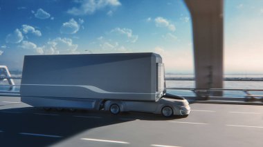 Fütürist Teknoloji Konsepti: Kargo Karavanı Tarama Sensörlü Otomatik Sürücü Kamyonu. 3D Sıfır Emisyonlu Elektrikli Kamyon Otoyol Köprüsünde Hızlı Sürüyor.