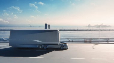 Fütürist Teknoloji Konsepti: Kargo Karavanı Tarama Sensörlü Otomatik Sürücü Kamyonu. 3D Sıfır Emisyonlu Elektrikli Kamyon Otoyol Köprüsünde Hızlı Sürüyor.