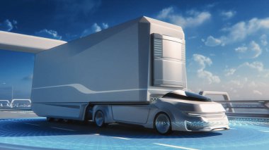 Fütürist Teknoloji Konsepti: Kargo Karavanı ile Otonom Sürücü Kamyonu Tarayıcı Algılayıcılarla Yola Çıktı. Sıfır Emisyonlu Elektrikli Araç Analizi Otobanı Özel Efekti.