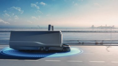 Fütürist Teknoloji Konsepti: Kargo Karavanı ile Otonom Sürücü Kamyonu Tarayıcı Algılayıcılarla Yola Çıktı. Sıfır Emisyonlu Elektrikli Araç Analizi Otobanı Özel Efekti.