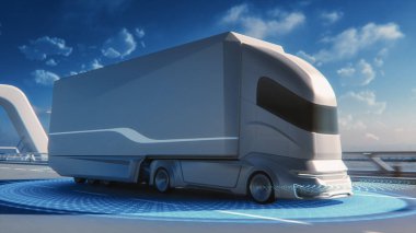 Fütürist Teknoloji Konsepti: Kargo Karavanı ile Otonom Sürücü Kamyonu Tarayıcı Algılayıcılarla Yola Çıktı. Sıfır Emisyonlu Elektrikli Araç Analizi Otobanı Özel Efekti.