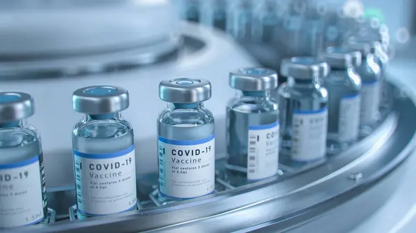 SARS-COV-2 COVID-19 Coronavirus Vaccine Mass Production in Laboratory, Bottles with Branded Labels Move on Pharmaceutical Conveyor Belt in Research Lab. Medicine Against SARS-CoV-2.