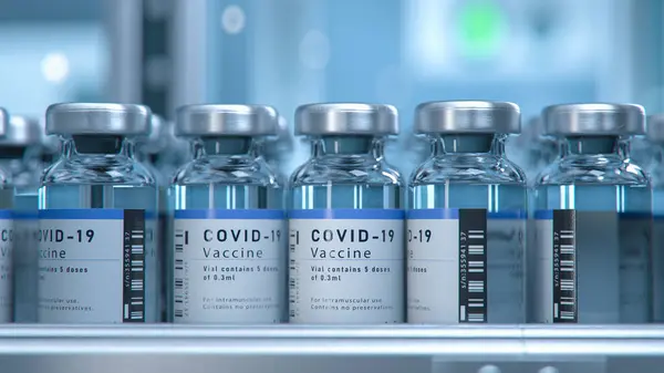 Sars Cov Covid Coronavirus Vaccine Mass Production Laboratory Bottles Branded — Stock Photo, Image