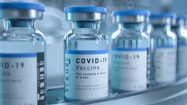 Sars Cov Covid Koronavirus Vaccine Mass Production Laboratory Bottles Branded — Stock fotografie