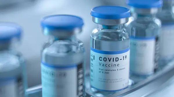 Sars Cov Covid Coronavirus Vaccine Mass Production Laboratory Bottles Branded — Stock Photo, Image