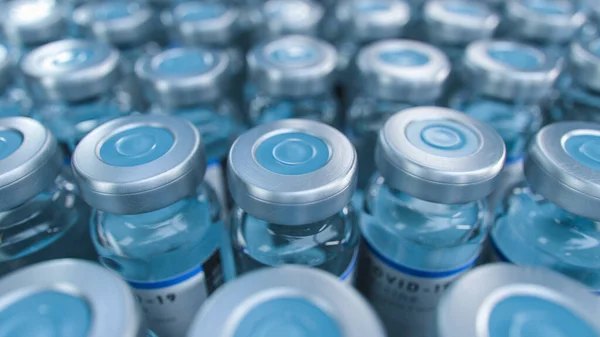 Sars Cov Covid 19疫苗在实验室大批量生产 带有品牌标签的瓶子在实验室输送带上移动 Sars Cov 2药物 — 图库照片
