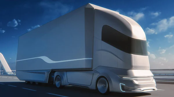 Futuristic Technology Concept Αυτόνομο Αυτοκινούμενο Φορτηγό Trailer Φορτίου Οδηγεί Στο — Φωτογραφία Αρχείου