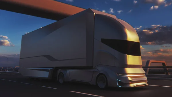 Futuristic Technology Concept Autonomous Self Driving Truck Cargo Trailer Drives — Stock Photo, Image