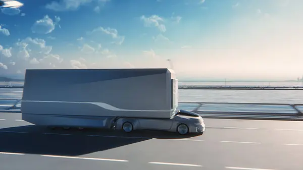 Futuristic Technology Concept Autonomous Self Driving Truck Cargo Trailer Drives — Stock Photo, Image