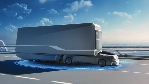 Futuristic Technology Concept Autonomous Self Driving Lorry Truck Cargo Trailer — Stock Photo, Image