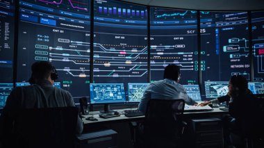 Profesyonel IT Teknik Destek Uzmanı ve Yazılım Geliştiricisi Dijital Ekranlarla Bilgisayar Kontrol Odasında çalışıyor. Çalışan Mikrofonlu Kulaklık Kullan ve Konuşurken Çağrı Yap.