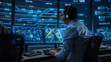 Profesyonel IT Teknik Destek Uzmanı ve Yazılım Geliştiricisi Dijital Ekranlarla Bilgisayar Kontrol Odasında çalışıyor. Çalışan Mikrofonlu Kulaklık Kullan ve Konuşurken Çağrı Yap.