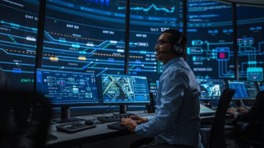 Profesyonel IT Teknik Destek Uzmanı ve Yazılım Geliştiricisi Dijital Ekranlarla Bilgisayar Kontrol Odasında çalışıyor. Çalışan Mikrofonlu Kulaklık Kullan ve Konuşurken Çağrı Yap.