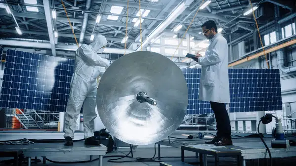 Team Engineers Working Satellite Construction Aerospace Agency Spaceship Manufacturing Factory — Stock Photo, Image
