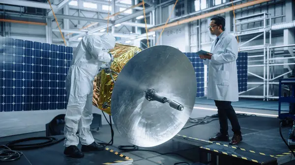 Engineer and Technician Working on Satellite Construction. Aerospace Agency: Diverse Team of Scientists Using Technological Equipment and Tablet Computer to Develop Spacecraft for Space Exploration