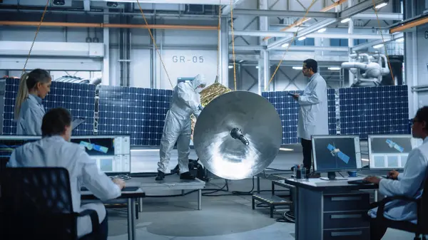 Engineer and Technician Working on Satellite Construction. Aerospace Agency: Diverse Team of Scientists Using Technological Equipment and Tablet Computer to Develop Spacecraft for Space Exploration