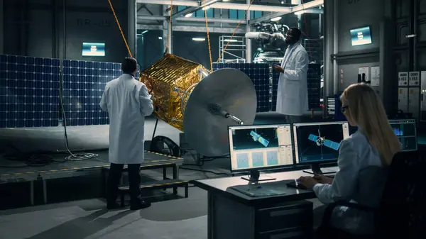 Team of Engineers Working on Satellite Construction. Aerospace Agency Spaceship Manufacturing Factory: Diverse Group of Multi-Ethnic Scientists Developing Spacecraft for International Space Program.