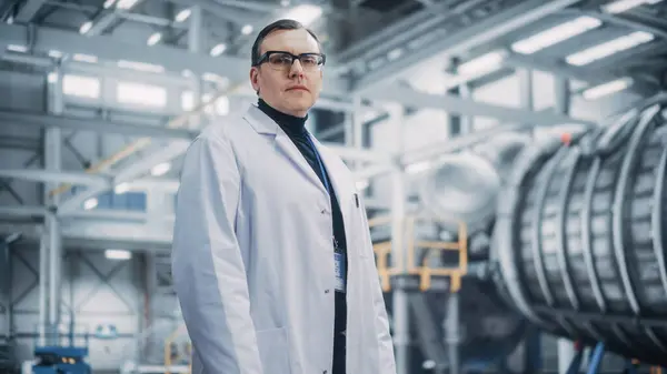 Portrait of a Professional Male Heavy Industry Engineer/Worker Wearing White Laboratory Coat and Safety Glasses. Confident Caucasian Industrial Specialist Standing in a Factory Facility.