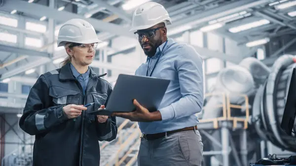 Two Diverse Professional Heavy Industry Engineers Wearing Safety Uniform Hard — Stock Photo, Image