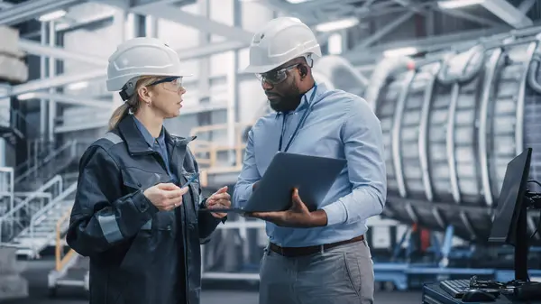 Two Diverse Professional Heavy Industry Engineers Wearing Safety Uniform Hard — Stock Photo, Image