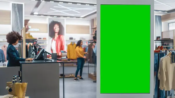 Shot of a Floor-Standing LCD Touch Screen Display with Green Screen Chroma Key Mock Up Standing in Clothing Store. Diverse People in Fashionable Shop, Choosing and Buying Stylish Clothes.