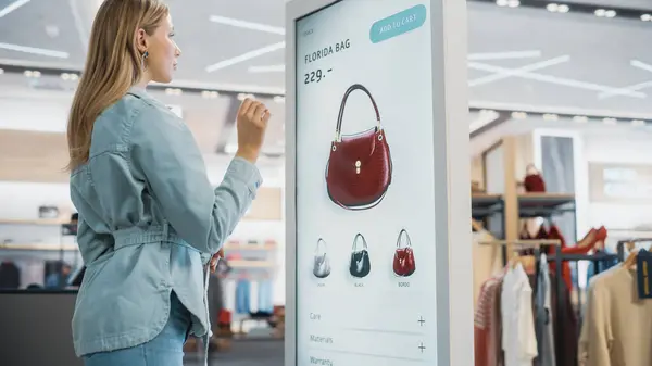 Beautiful Female Customer Using Floor-Standing LCD Touch Display while Shopping in Clothing Store. She is Choosing Stylish Bags, Picking Different Designs from Collection. People in Fashionable Shop.