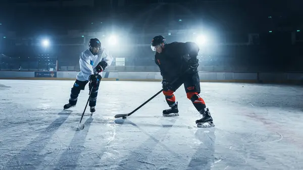 Ice Hockey Rink Arena Two Young Players Training Learning Stick — Stock Photo, Image